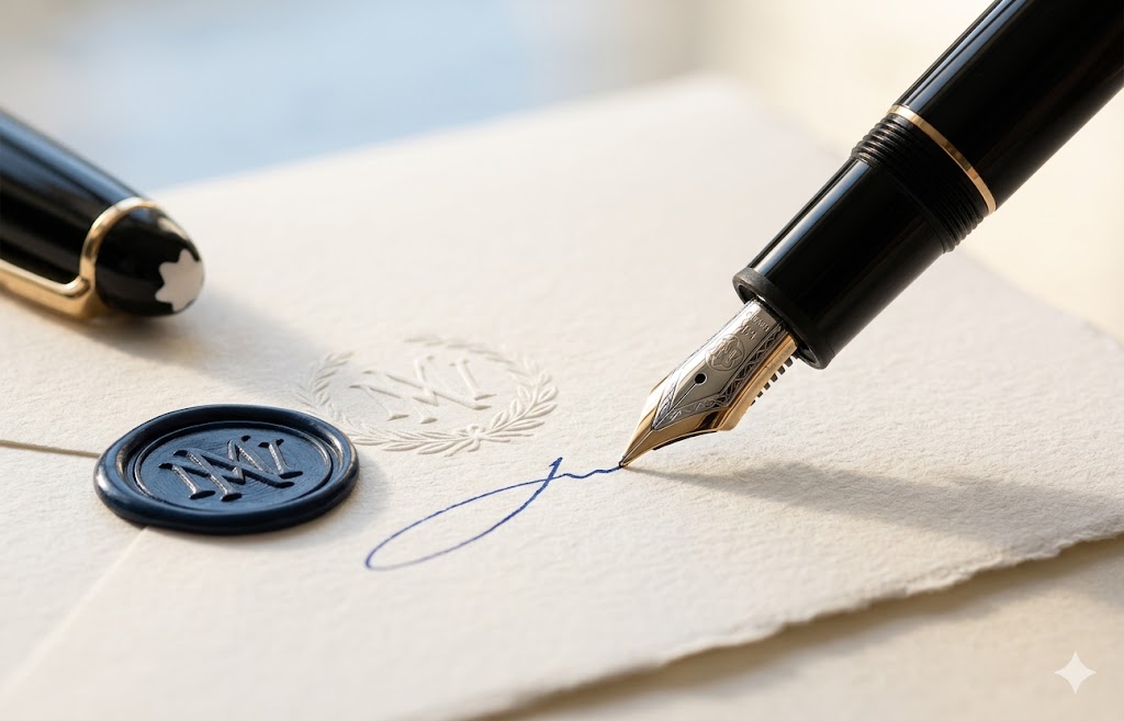 Detalle de pluma estilográfica firmando un documento patrimonial